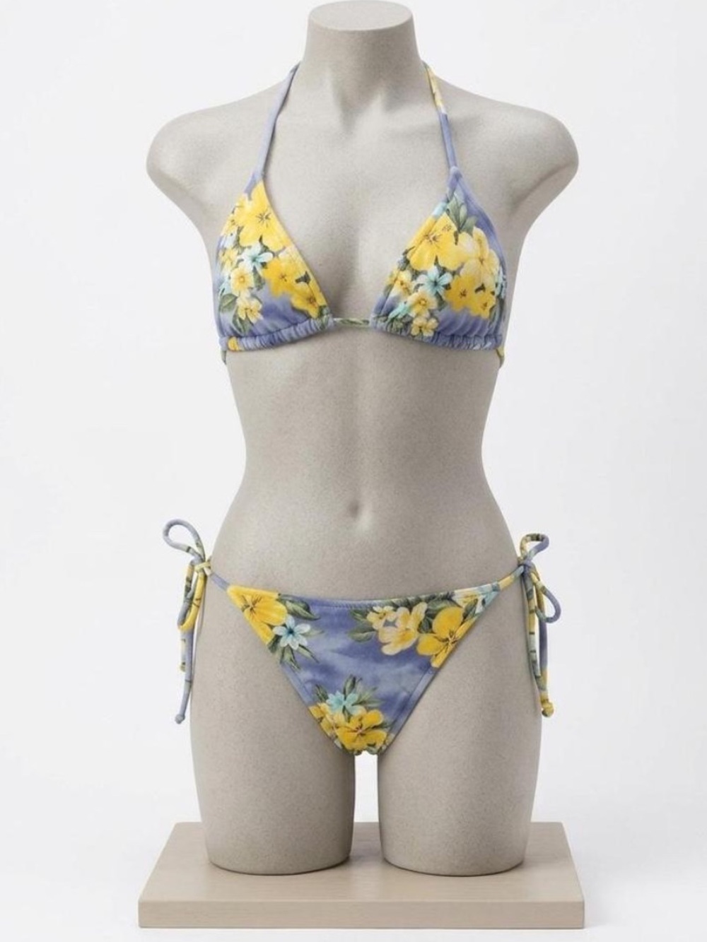 Women’s Floral Tie-Side Triangle Bikini - Yellow Floral on Light Blue